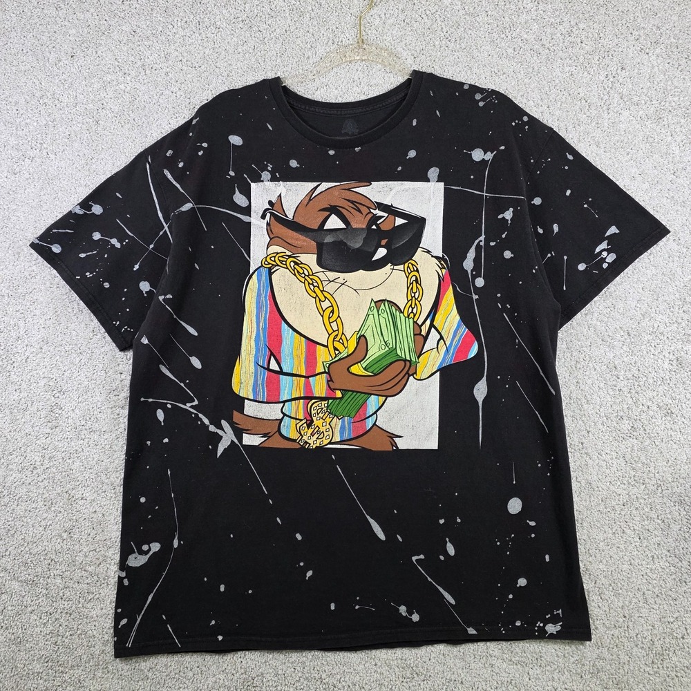 Looney Tunes Taz Tasmanian Devil AOP Black XL‎ Tee Gold Chain Money Streetwear